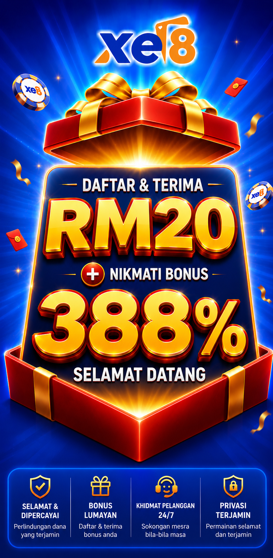XE8 Daftar dan dapat RM20 tambah bonus selamat datang 388%